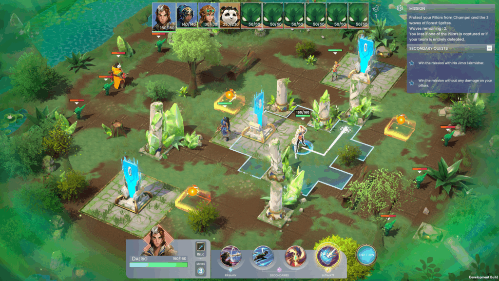 Missão PvE com heróis defendendo pilares contra ondas de inimigos em Skygard Arena.