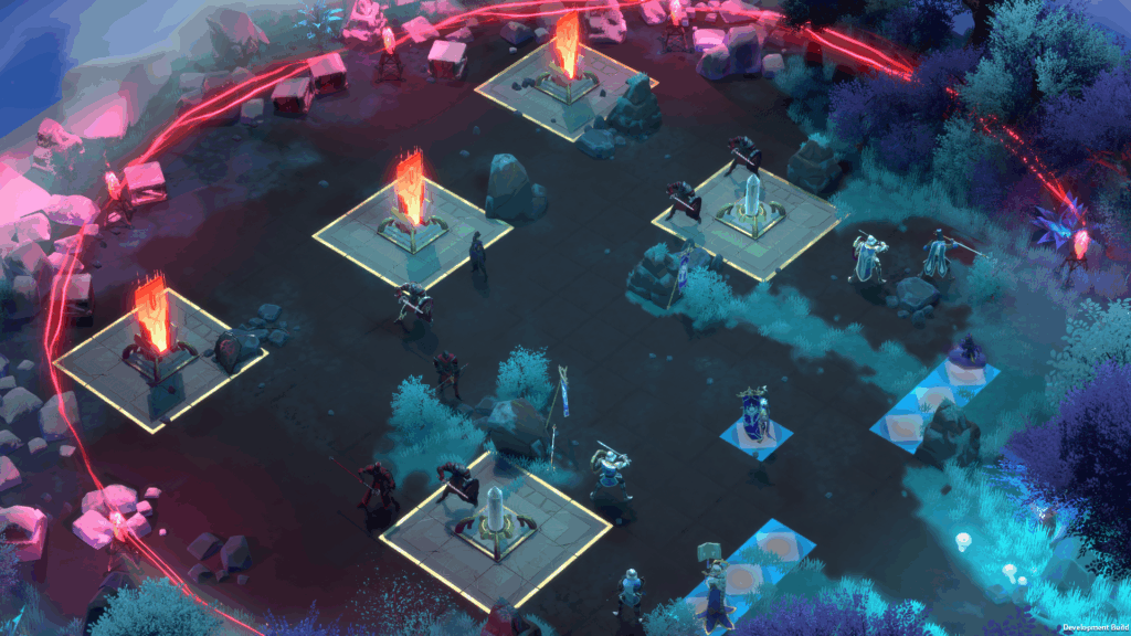 Combate tático entre facções em campo com cristais e personagens posicionados.