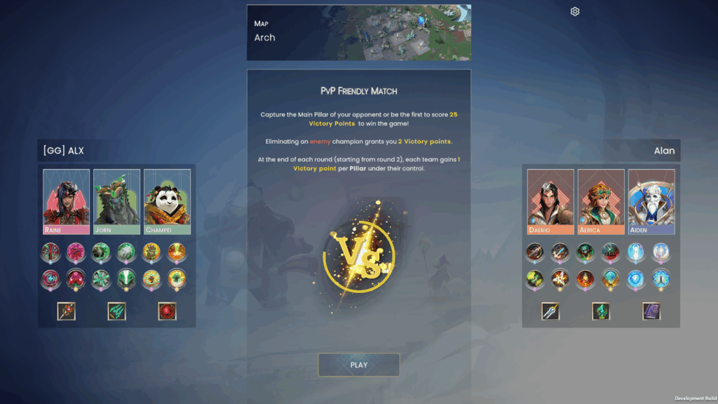 Tela inicial de partida PvP entre dois times com três campeões cada em Skygard Arena.