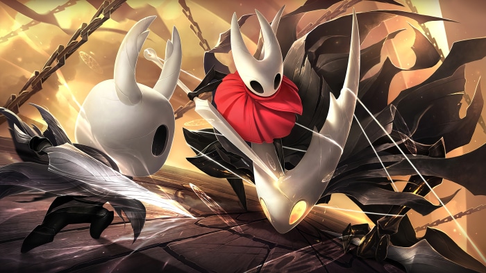Cavaleiro e Hornet lutam em arte oficial de Hollow Knight Silksong.