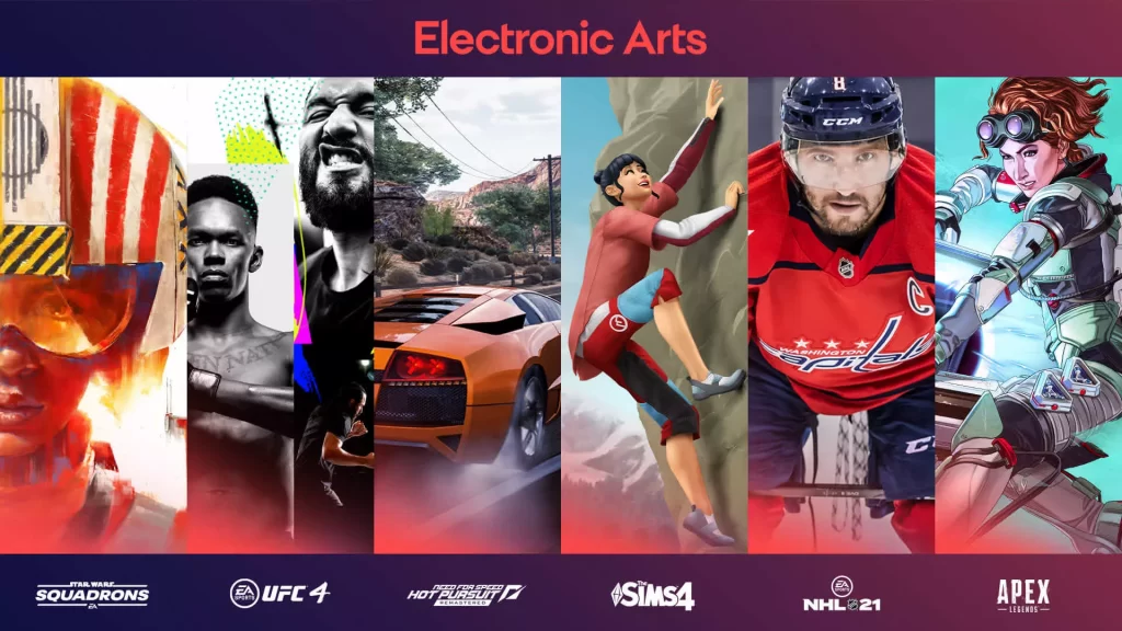 Painel da EA em destaque durante conferência de jogos.