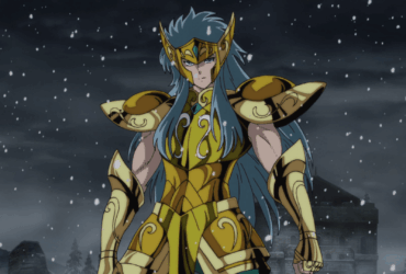 Camus de Aquário em Cavaleiros do Zodíaco, usando a Armadura de Ouro em um cenário nevado.