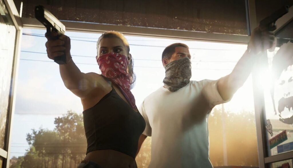 Casal mascarado armado em cena de GTA 6
