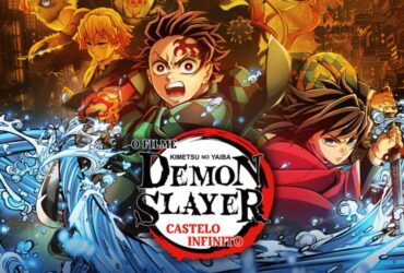 Pôster oficial do filme Demon Slayer: Castelo Infinito, mostrando Tanjiro, Giyu, Zenitsu e Inosuke em destaque.