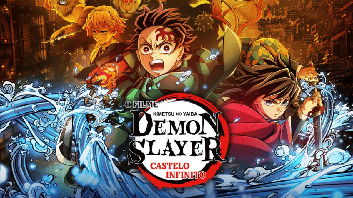 Pôster oficial do filme Demon Slayer: Castelo Infinito, mostrando Tanjiro, Giyu, Zenitsu e Inosuke em destaque.