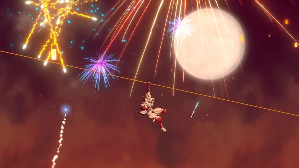 Efeito especial em Shinobi: Art of Vengeance com explosão de luz e partículas em destaque.