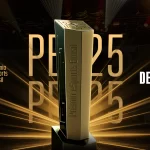 Troféu dourado do Prêmio eSports Brasil iluminado por feixes de luz, com destaque para a data 18 de dezembro de 2025 e a hashtag #PEB25.