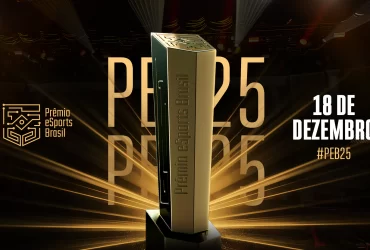 Troféu dourado do Prêmio eSports Brasil iluminado por feixes de luz, com destaque para a data 18 de dezembro de 2025 e a hashtag #PEB25.