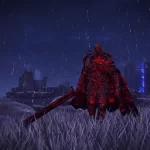 Um inimigo coberto por energia vermelha flamejante empunha uma espada gigante em meio à chuva no cenário sombrio de Elden Ring Nightreign.