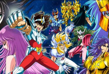 Imagem promocional de Cavaleiros do Zodíaco mostrando Seiya de Pégaso, Shiryu, Hyoga, Shun, Ikki, Saori e vários Cavaleiros de Ouro.