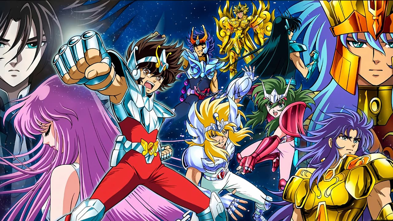Imagem promocional de Cavaleiros do Zodíaco mostrando Seiya de Pégaso, Shiryu, Hyoga, Shun, Ikki, Saori e vários Cavaleiros de Ouro.