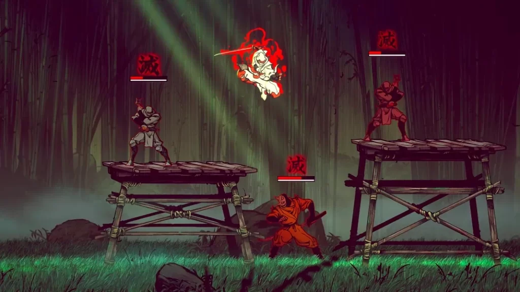 Gameplay de Shinobi: Art of Vengeance mostrando o protagonista enfrentando inimigos em um cenário sombrio.