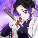 Shinobu Kocho com sua katana envenenada, cercada por borboletas lilás em Demon Slayer.