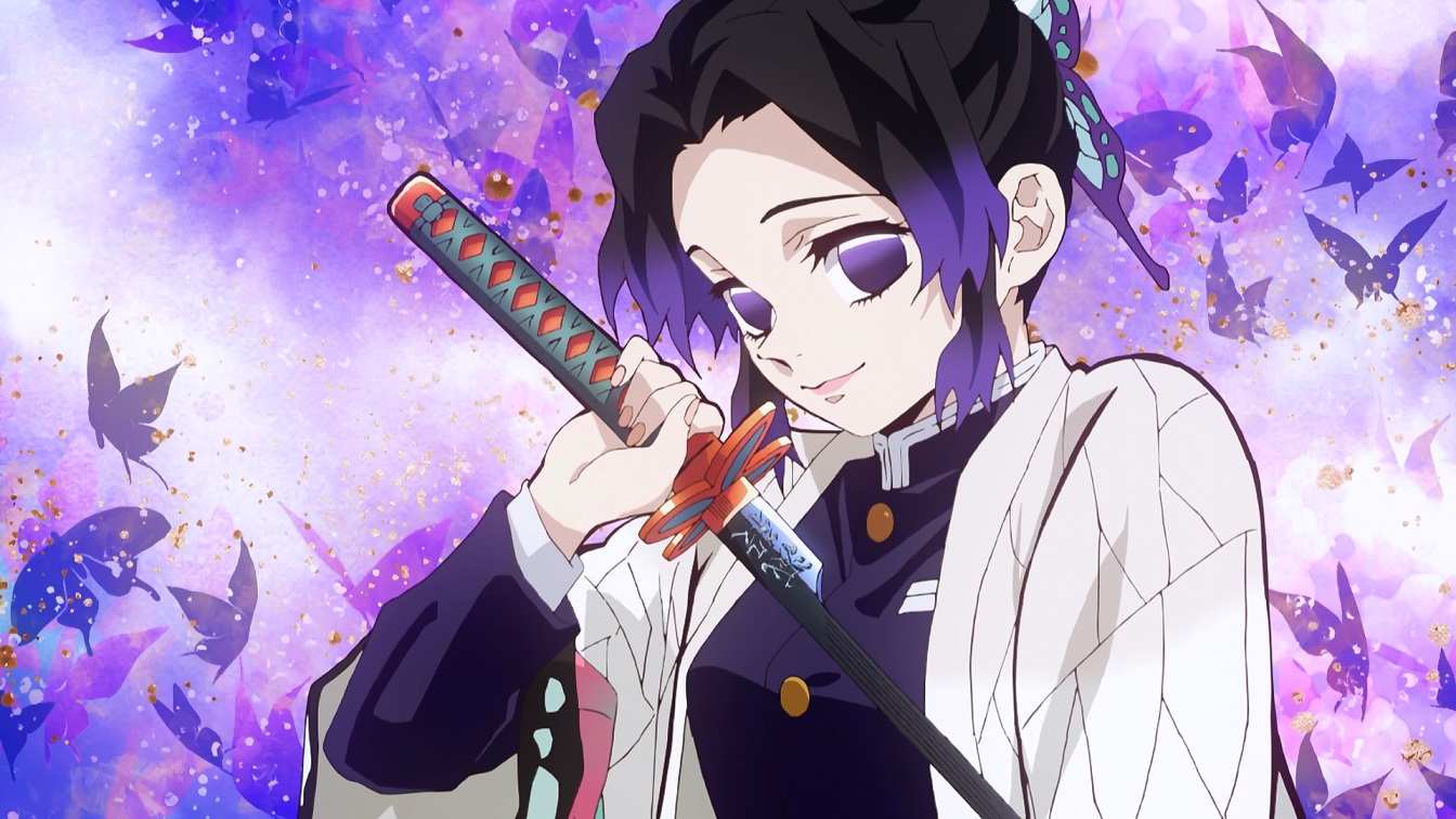 Shinobu Kocho com sua katana envenenada, cercada por borboletas lilás em Demon Slayer.