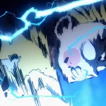 Zenitsu Agatsuma usando a Respiração do Trovão em Demon Slayer, cercado por relâmpagos azuis.