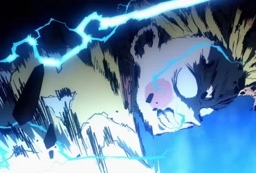Zenitsu Agatsuma usando a Respiração do Trovão em Demon Slayer, cercado por relâmpagos azuis.