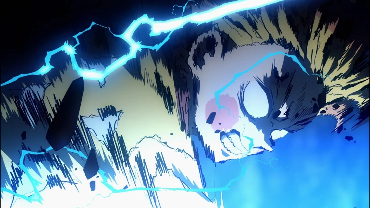 Zenitsu Agatsuma usando a Respiração do Trovão em Demon Slayer, cercado por relâmpagos azuis.