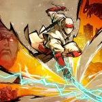 Shinobi: Art of Vengeance em combate com Ninjutsu, mostrando o protagonista atacando com golpes flamejantes.