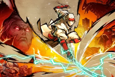 Shinobi: Art of Vengeance em combate com Ninjutsu, mostrando o protagonista atacando com golpes flamejantes.