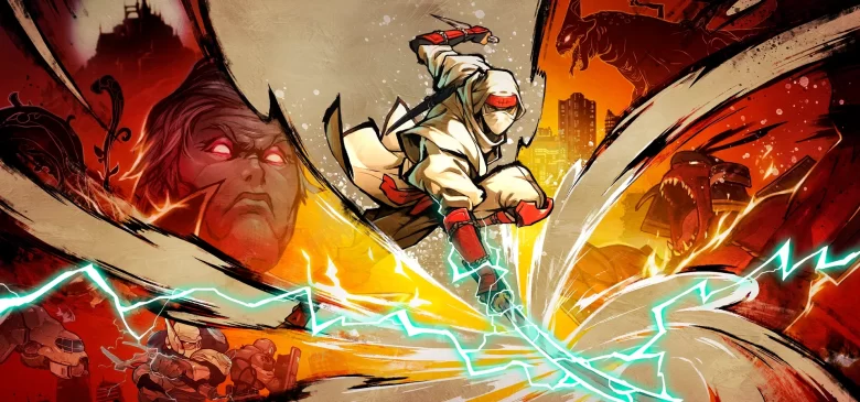 Shinobi: Art of Vengeance em combate com Ninjutsu, mostrando o protagonista atacando com golpes flamejantes.