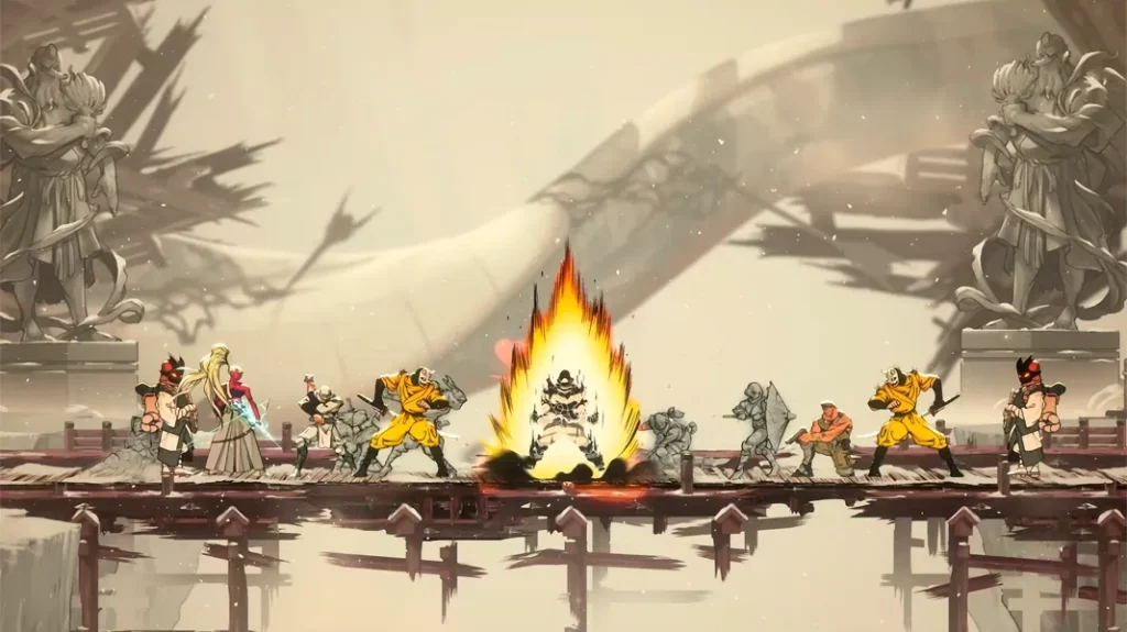 Cena de Shinobi: Art of Vengeance mostrando ninjas em batalha em frente a uma fogueira, com estilo visual de traços de nankin.