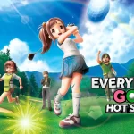 Capa promocional do jogo Everybody’s Golf Hot Shots mostrando personagens em estilo cartunesco jogando golfe em um campo verde sob céu azul com arco-íris ao fundo.