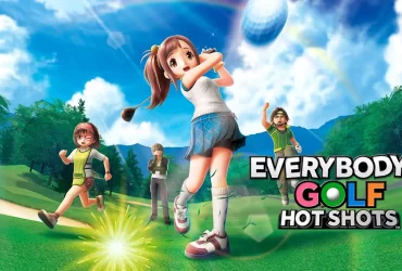 Capa promocional do jogo Everybody’s Golf Hot Shots mostrando personagens em estilo cartunesco jogando golfe em um campo verde sob céu azul com arco-íris ao fundo.