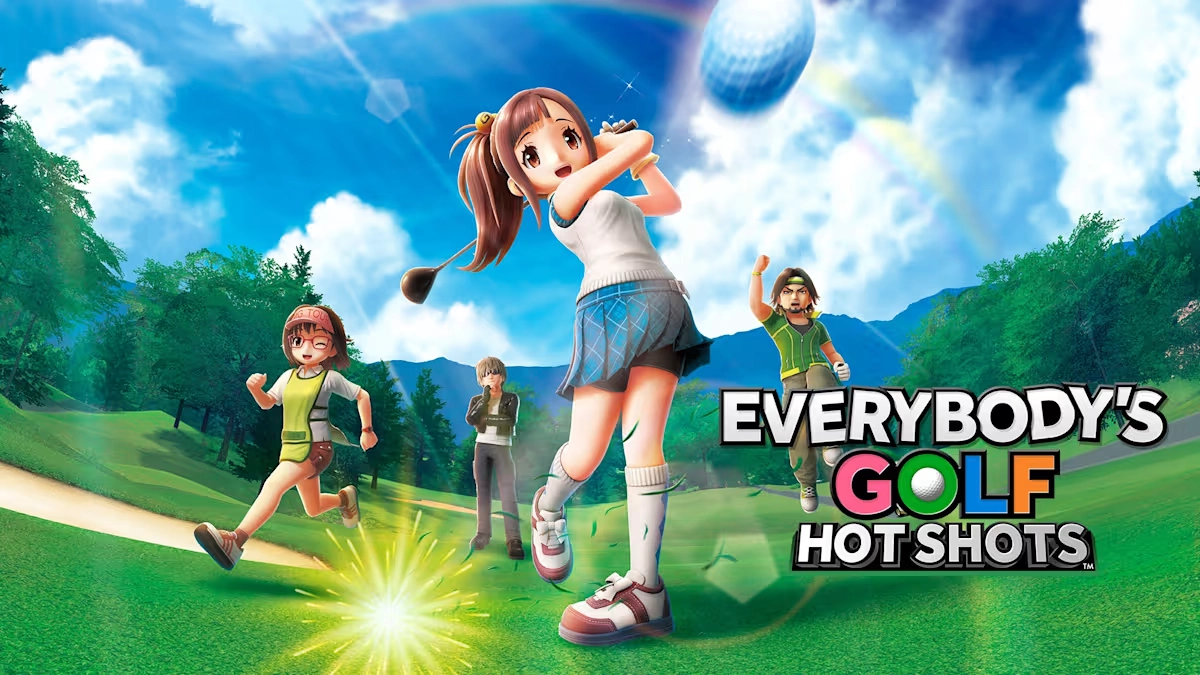 Capa promocional do jogo Everybody’s Golf Hot Shots mostrando personagens em estilo cartunesco jogando golfe em um campo verde sob céu azul com arco-íris ao fundo.