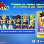 Imagem promocional de Dragon Ball: Sparking! ZERO destacando bônus de pré-venda com seis personagens desbloqueados antecipadamente e Goku de Dragon Ball Daima como personagem jogável.