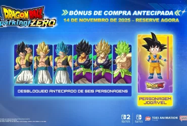 Imagem promocional de Dragon Ball: Sparking! ZERO destacando bônus de pré-venda com seis personagens desbloqueados antecipadamente e Goku de Dragon Ball Daima como personagem jogável.