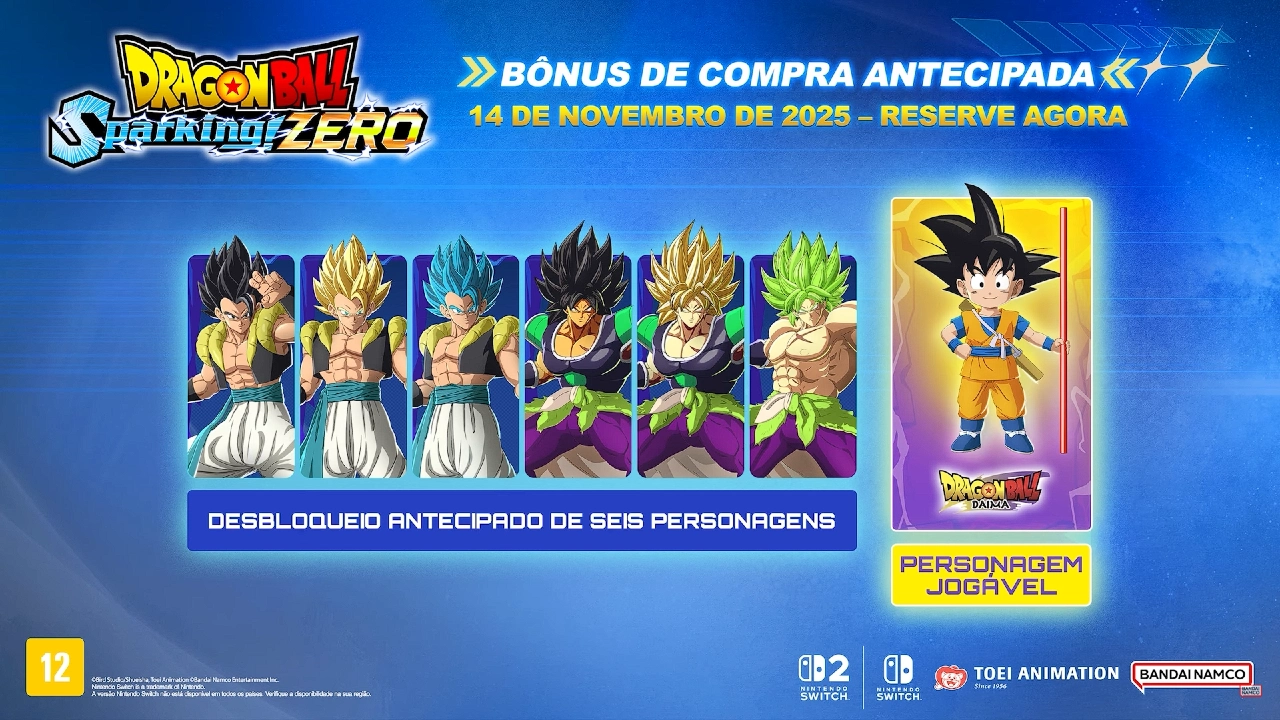 Imagem promocional de Dragon Ball: Sparking! ZERO destacando bônus de pré-venda com seis personagens desbloqueados antecipadamente e Goku de Dragon Ball Daima como personagem jogável.