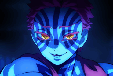 Akaza em Demon Slayer, com pele azul listrada e olhos amarelos brilhantes, em pose intensa dentro do Castelo Infinito.