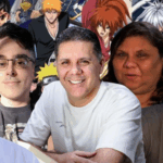 Dubladores brasileiros famosos de animes como Wendel Bezerra, Úrsula Bezerra e Guilherme Briggs ao lado de personagens icônicos.