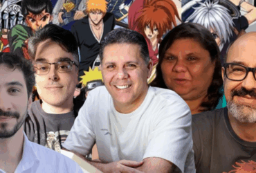Dubladores brasileiros famosos de animes como Wendel Bezerra, Úrsula Bezerra e Guilherme Briggs ao lado de personagens icônicos.