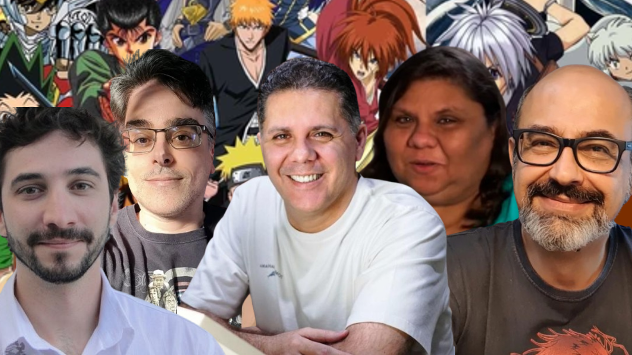 Dubladores brasileiros famosos de animes como Wendel Bezerra, Úrsula Bezerra e Guilherme Briggs ao lado de personagens icônicos.