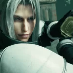 Sephiroth encara com intensidade segurando sua espada Masamune em cena de Final Fantasy VII Remake Intergrade.