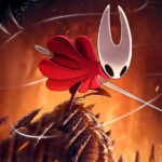 Hornet em pose de combate em Hollow Knight: Silksong, sobre criatura com cenário flamejante ao fundo.