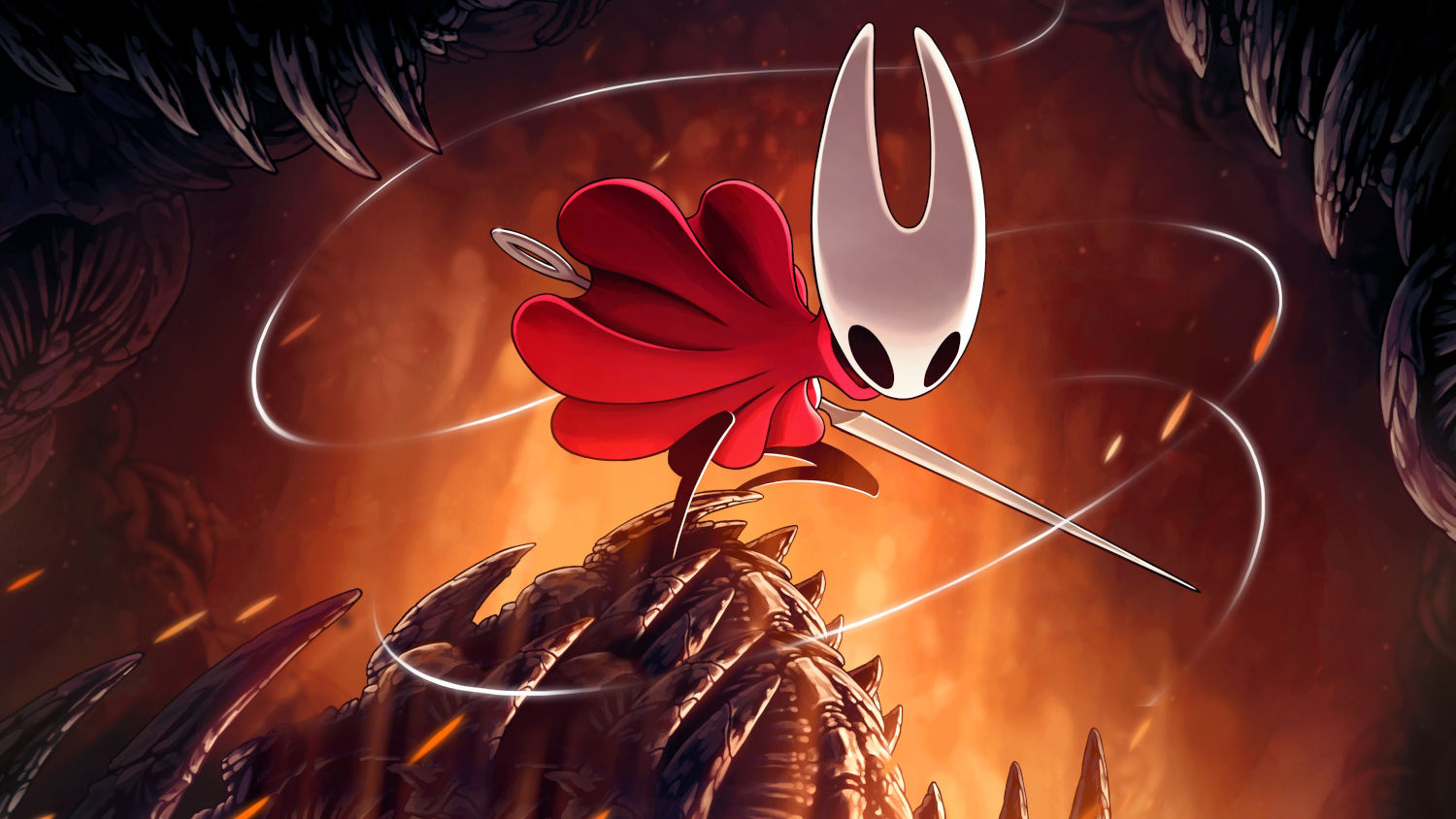 Hornet em pose de combate em Hollow Knight: Silksong, sobre criatura com cenário flamejante ao fundo.