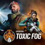Arte promocional da Operação Toxic Fog em Rainbow Six Mobile, mostrando o agente Maestro ao lado de uma operadora armada em frente a um fundo com névoa alaranjada.
