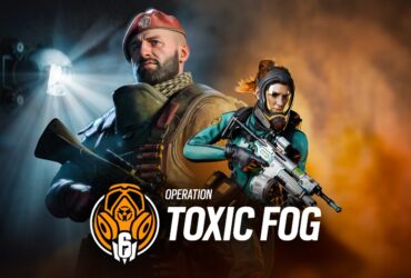 Arte promocional da Operação Toxic Fog em Rainbow Six Mobile, mostrando o agente Maestro ao lado de uma operadora armada em frente a um fundo com névoa alaranjada.