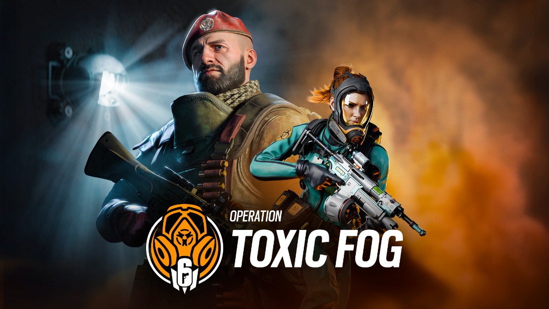 Arte promocional da Operação Toxic Fog em Rainbow Six Mobile, mostrando o agente Maestro ao lado de uma operadora armada em frente a um fundo com névoa alaranjada.