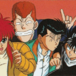Imagem promocional de Yu Yu Hakusho mostrando os protagonistas Kurama, Kuwabara, Yusuke e Hiei juntos em uma pose descontraída.