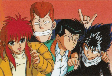 Imagem promocional de Yu Yu Hakusho mostrando os protagonistas Kurama, Kuwabara, Yusuke e Hiei juntos em uma pose descontraída.