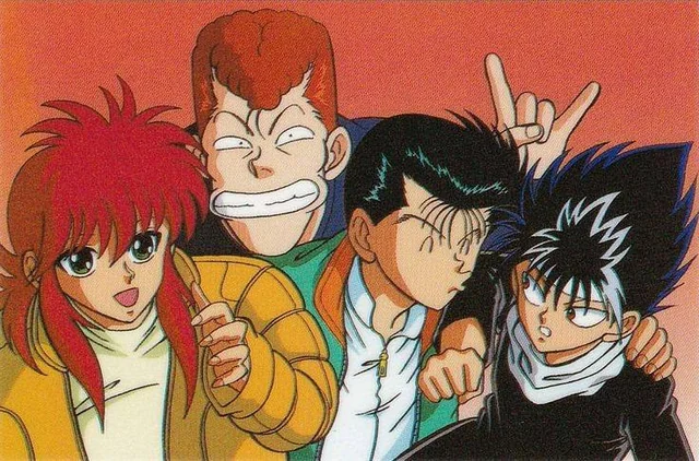Imagem promocional de Yu Yu Hakusho mostrando os protagonistas Kurama, Kuwabara, Yusuke e Hiei juntos em uma pose descontraída.