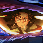 Tanjiro Kamado refletido no olho de um inimigo em Demon Slayer, simbolizando intensidade e drama das batalhas.
