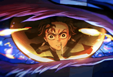 Tanjiro Kamado refletido no olho de um inimigo em Demon Slayer, simbolizando intensidade e drama das batalhas.