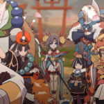 Personagens de Towa and the Guardians of the Sacred Tree reunidos, destacando a estética inspirada na mitologia japonesa.