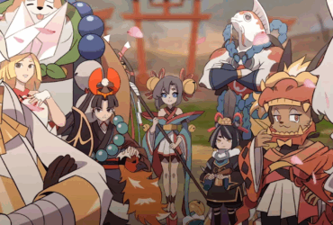 Personagens de Towa and the Guardians of the Sacred Tree reunidos, destacando a estética inspirada na mitologia japonesa.