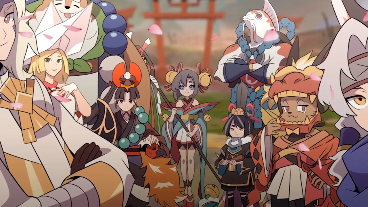 Personagens de Towa and the Guardians of the Sacred Tree reunidos, destacando a estética inspirada na mitologia japonesa.