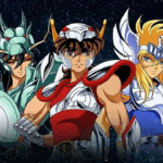 Imagem clássica de Cavaleiros do Zodíaco mostrando os cinco protagonistas: Shun de Andrômeda, Shiryu de Dragão, Seiya de Pégaso, Hyoga de Cisne e Ikki de Fênix.